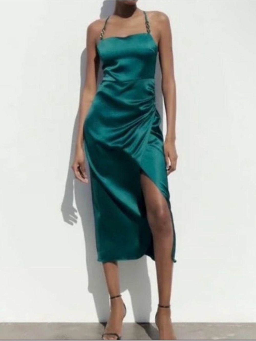 Zara Teal Satin High-Low Slip Dress with Crossback Straps